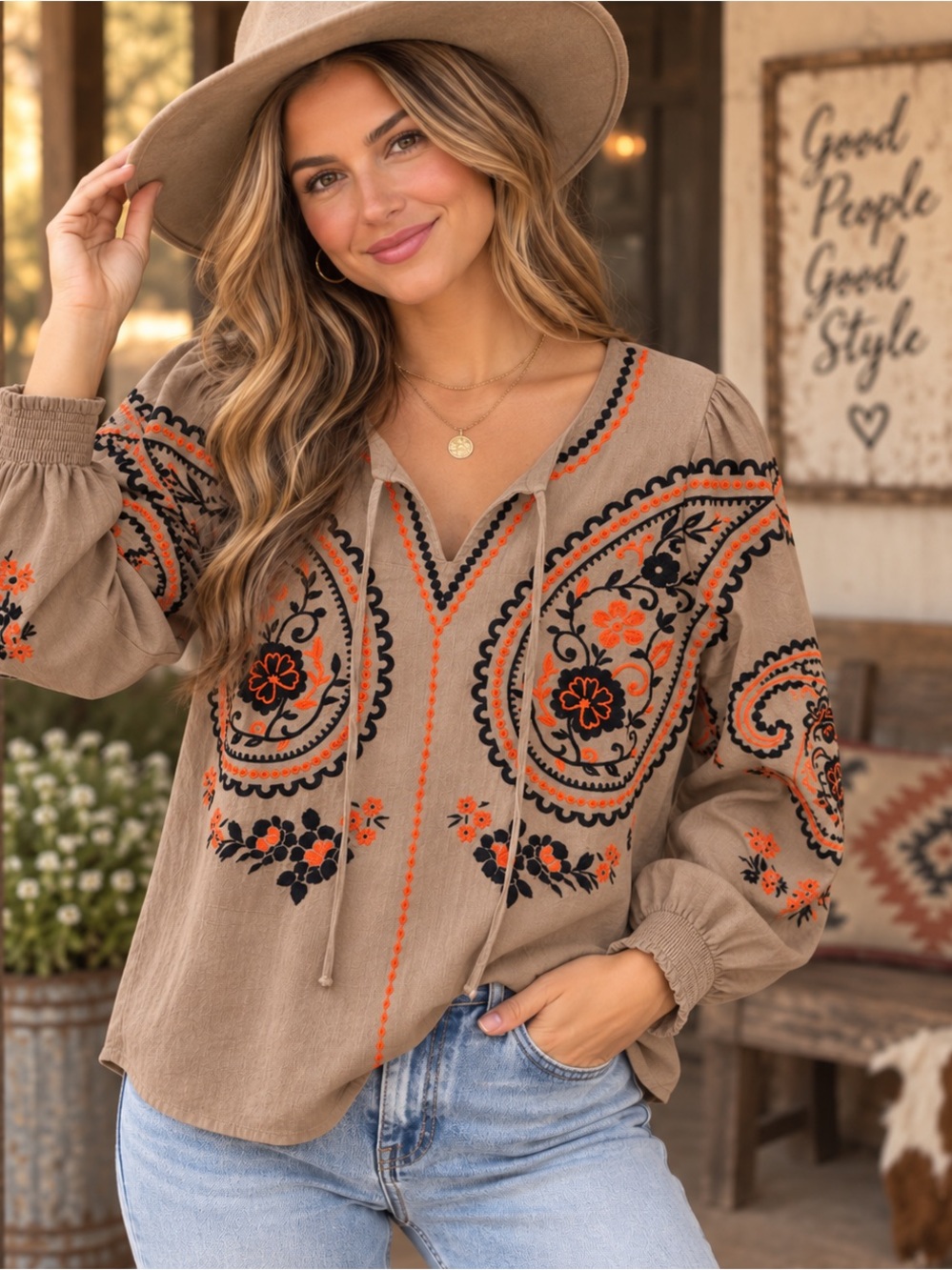 Savanna Jane Taupe Embroidered V-Neck Blouse with Black & Orange Details